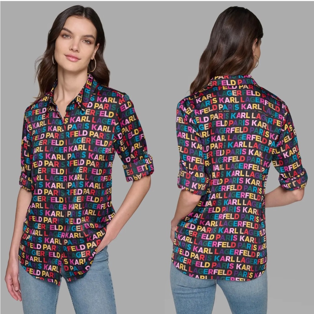 Karl Lagerfeld Paris Womens 2X Multicolor Logo‎ Print Roll Tab Button Down Shirt